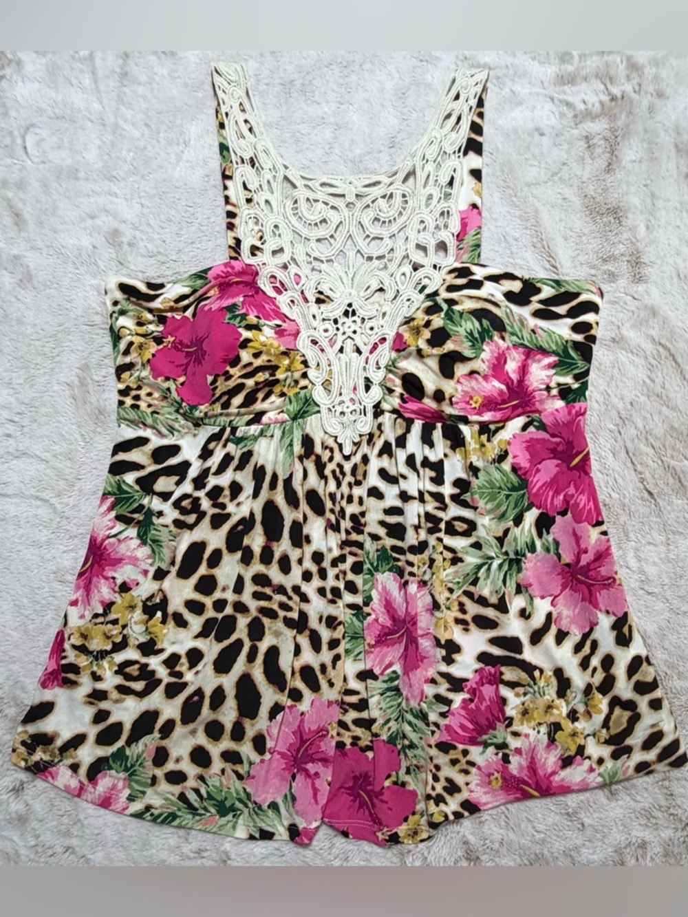 Boston Proper Leopard Print Tank with Pink Floral & Crochet Yoke 1X